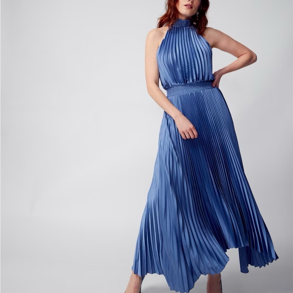 WHBM Elegant Blue Halter Pleated Dress